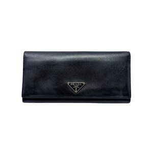 Prada Wallet Long Continental Bifold Card Black Leather Saffiano Triangle Logo